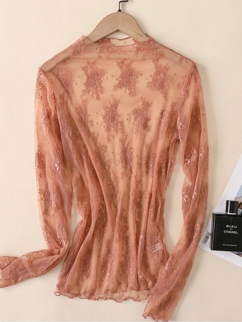 ShopEvelynne Peach Sheer Lace Long-Sleeve Top